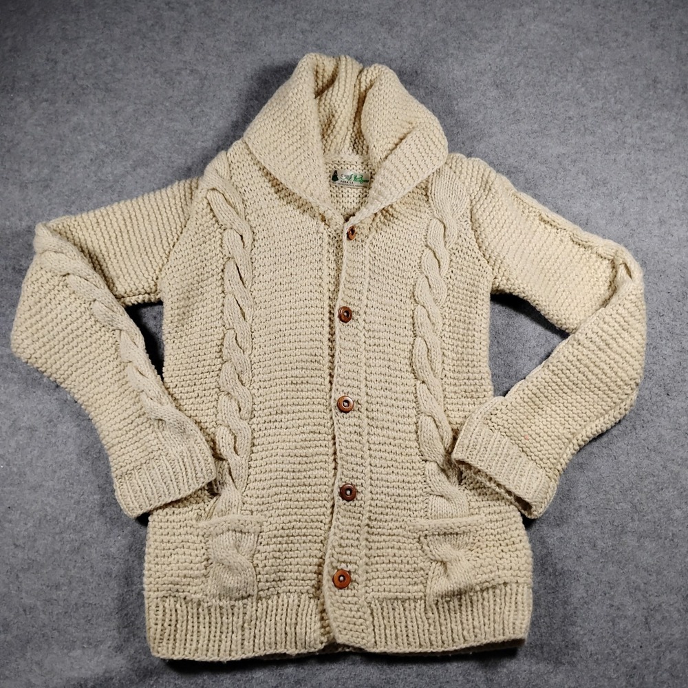 Vintage Casa A. Pacheco Women's Cream Pura Lã Wool Cable Shawl Cardigan fits S